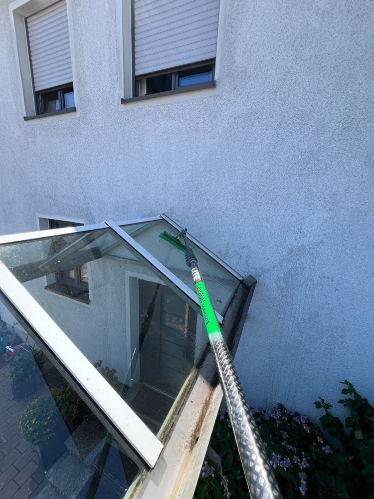 Reinigung eines Glasvordachs mit Teleskopstange